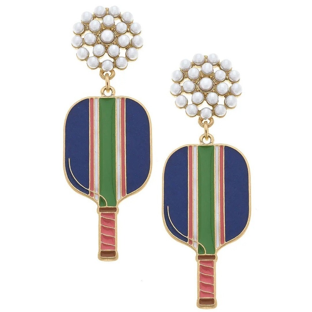 CANVAS STYLE Ellie Pearl Studded Pickleball Paddle Drop Earrings Blue NWT‎